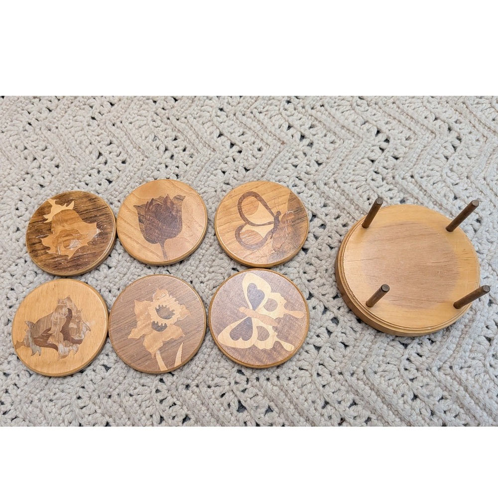 Nicholas Mariana Round Mountain Woodworks Marquetry Wood Coaster Set of 6 Caddy